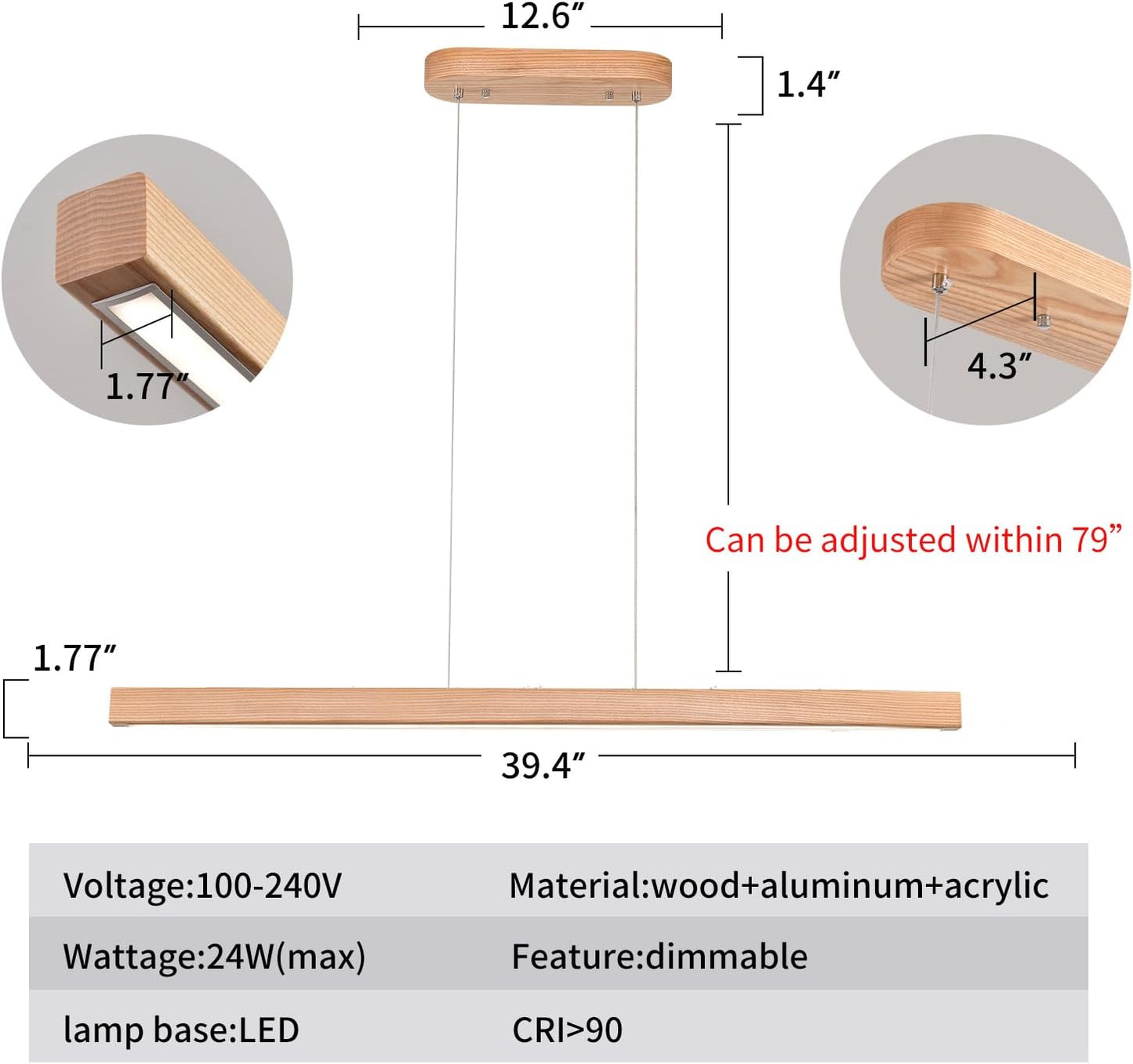 39" Wood Linear Pendant Light Fixture Modern LED Pendant Lights Led Dimmable Chandelier with Remote Control Ceiling Hanging Lights Pool Table Lights for Dining Room Kitchen Island Lights Natural