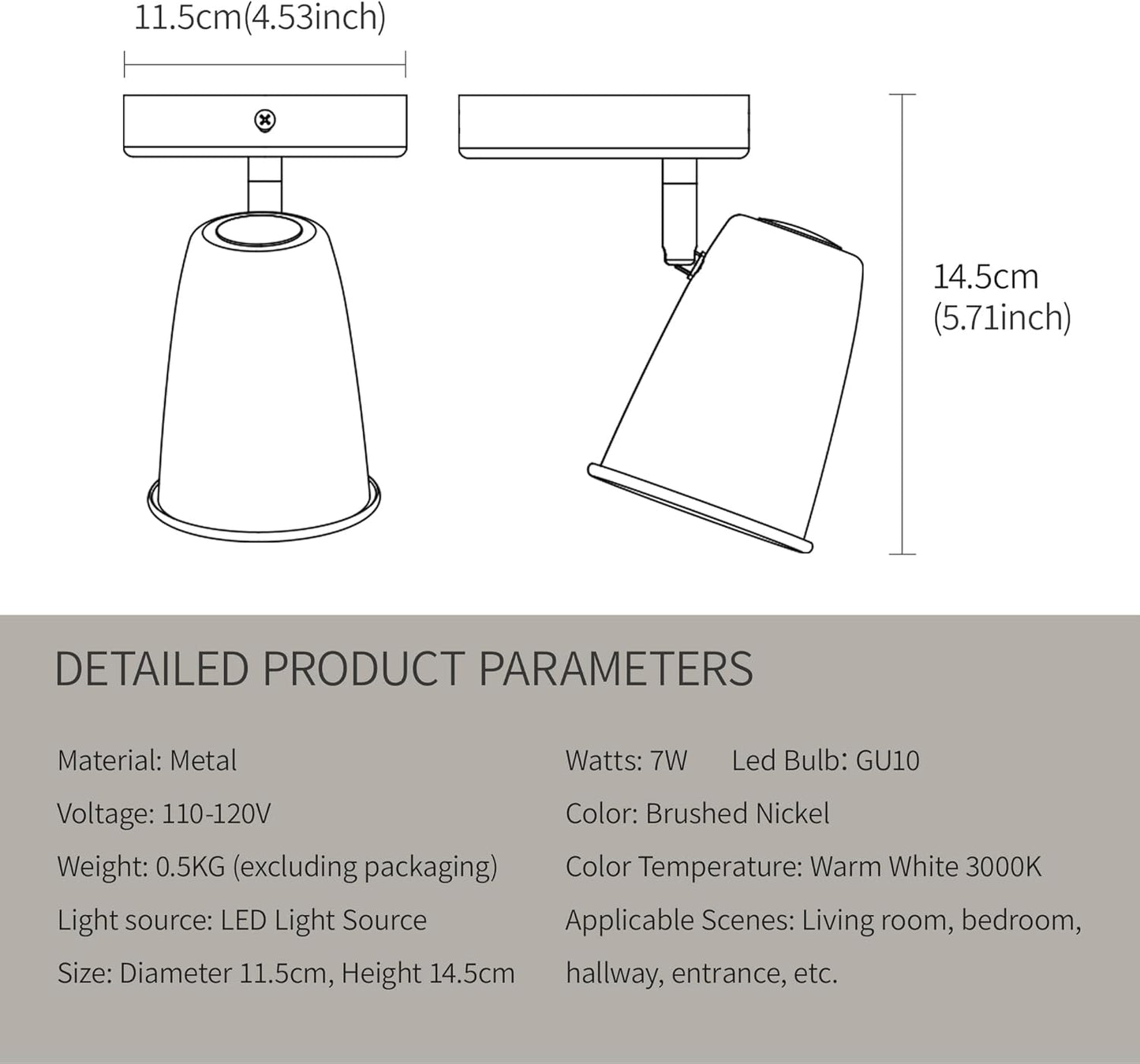 Ceiling Spotlight Indoor, Adjustable Angle 7W LED GU10 Replaceable, 3000K Warm White Flicker-Free,Accent Light for Living Room Bedroom Corridor Mural,Brushed Nickel