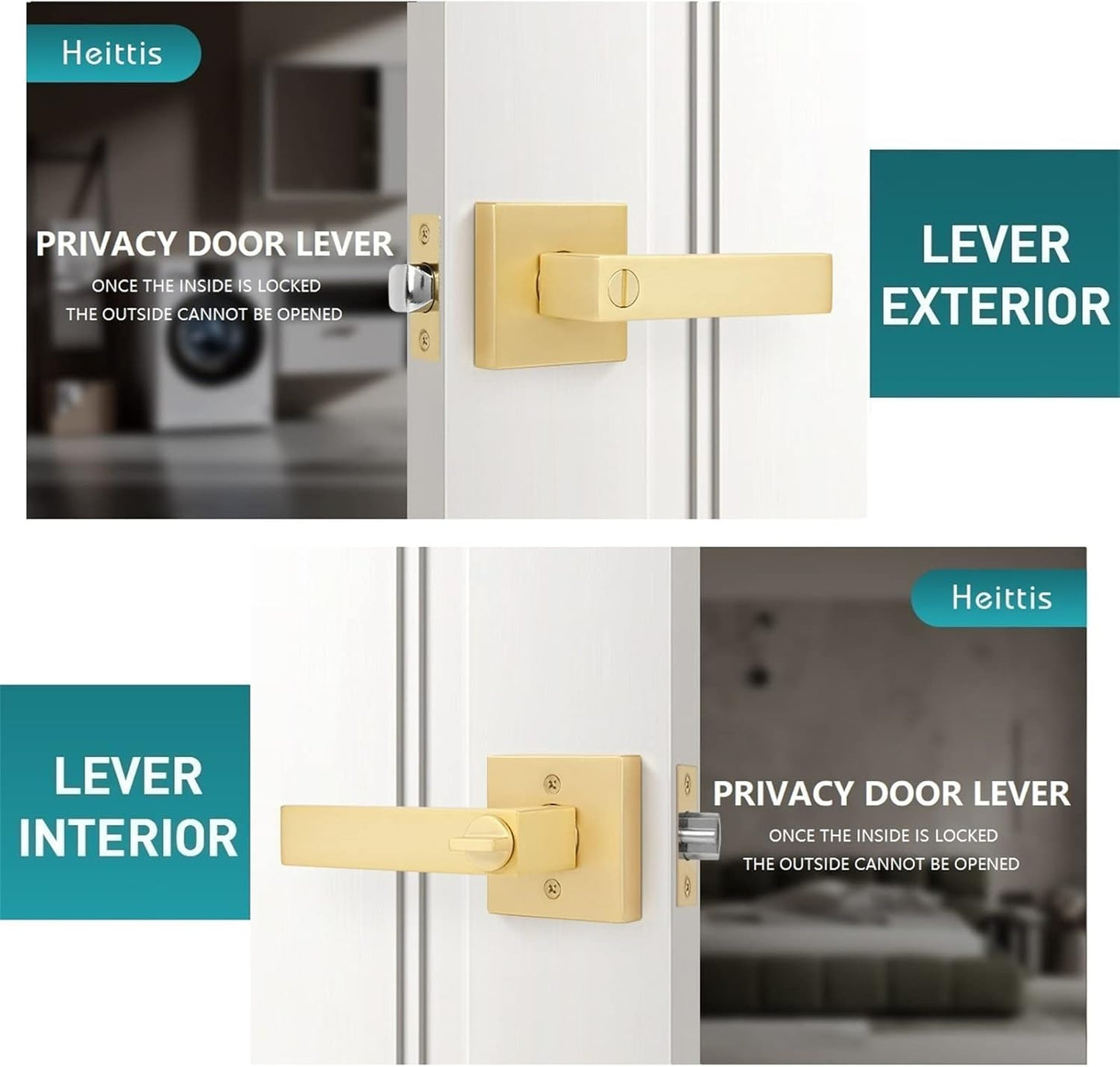 1 Pack Privacy Gold Door Knob, Square Stain Brass Door Knob for Bathroom,Gold Door Handle Interior Locked Inside with Turn Thumb Left/Right Handed Reversible,Keyless