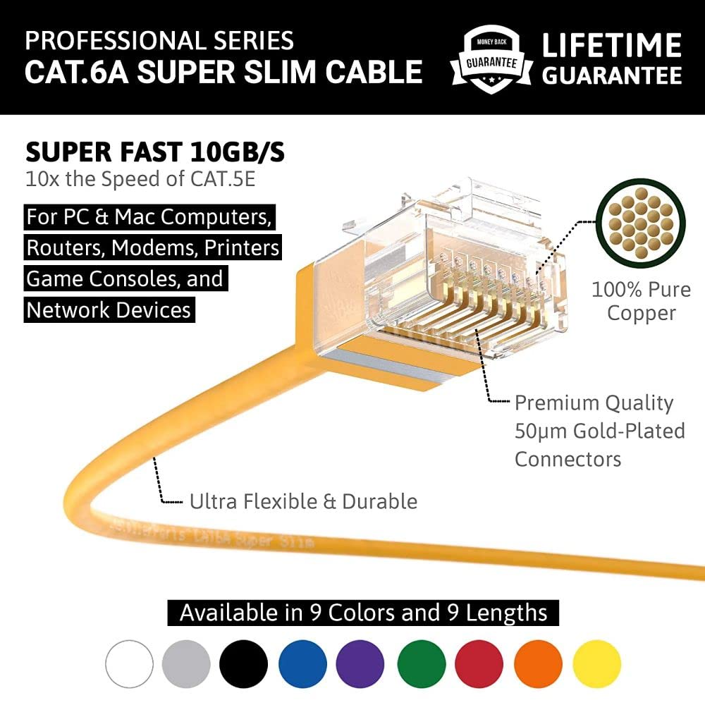 InstallerParts Ethernet Cable CAT6A Super Slim Cable UTP 0.5 FT (50 Pack) - Yellow - Professional Series - 10Gigabit/Sec Network/High Speed Internet Cable, 550MHZ, 32AWG