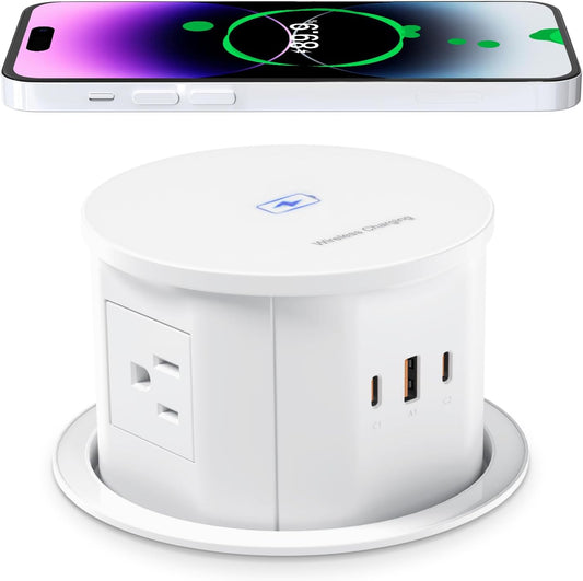 ANNQUAN 4.75" Pop Up Outlet with 65W USB-C,15W Wireless Charger,4 Outlets,3 USB Ports,Pop Up Countertop Receptacle Outlet for Home Office Kitchen