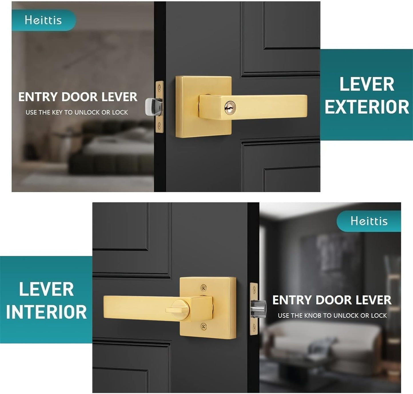 4 Pack Heavy Brass Door Knobs Square Gold Door Knobs Interior (Keyed Alike), Satin Brass Gold Door Knob with Lock and Keys for Interior/Exterior/Front Doors