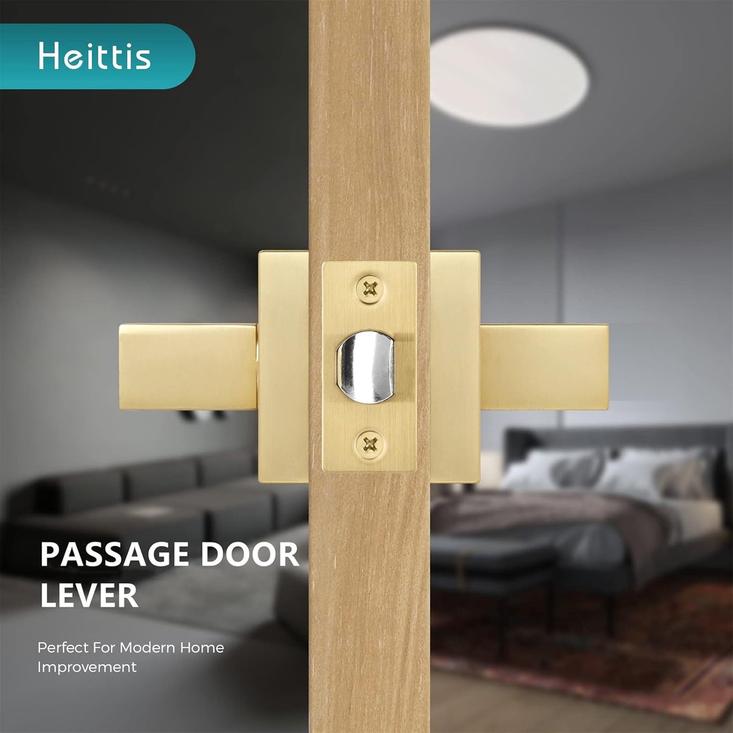 5 Pack Passage Door Lever Square Door Handle in Stain Brass,Interior Door Knob Modern Heavy Door Lock Contemporary Design Door Lockset for Hall or Closet