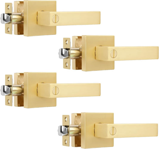 4 Pack Privacy Gold Bathroom Door Locks Square Heavy Duty Door Levers for Bed/Bath Room Interior Door Lock Keyless Door Handle for Left and Right Reversible