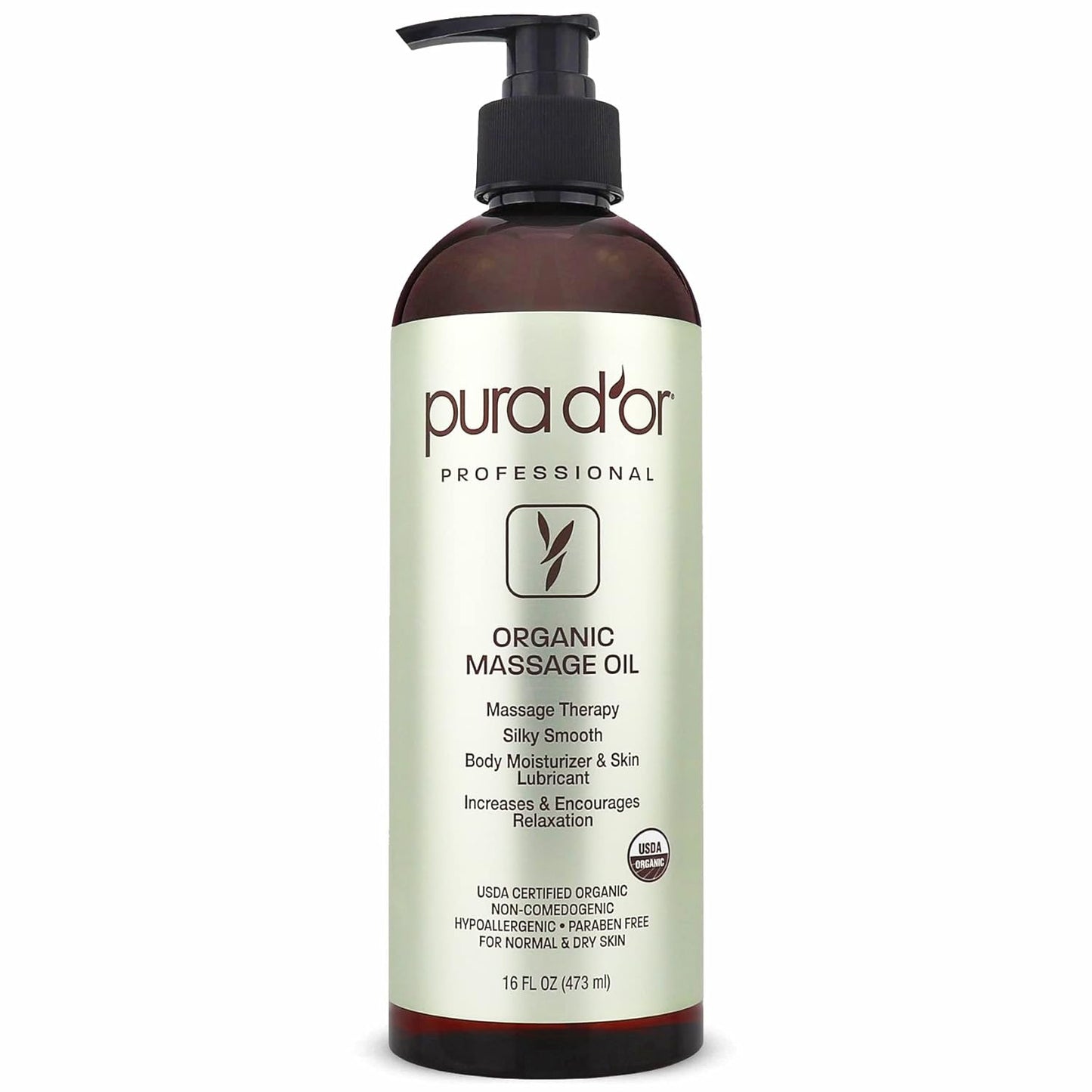 PURA D'OR 16 Oz ORGANIC Massage Therapy Oil USDA Certified Almond, Apricot, Argan, Ginger, Jojoba, Lavender Oils For Silky & Softer Skin - Body Moisturizer & Skin Lubricant - Aromatherapy & Relaxation