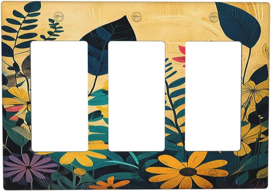 Abstract Minimalist Floral Botanical Boho Flower Triple Rocker Light Switch Covers 3 Gang Outlet Cover Wall Plates Decorative Switch Plates Electrical GFCI Faceplate Switchplate 4.49 X 6.38 IN
