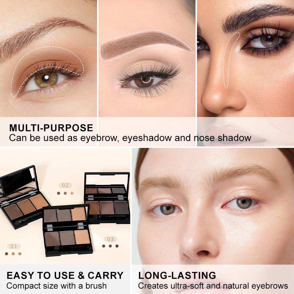 Brow Powder Kit – Long-Lasting 3-Color Brow Filler for Full, Defined Natural Brows, Contour Palette with Double-Ended Brush, sombra para cejas (03)