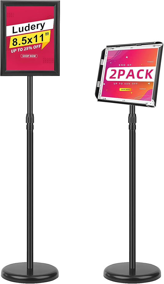 Adjustable Sign Holder Stand 8.5x11 inch,Pedestal Floor Signage Standing Holder with Heavy Duty Base, Aluminum Snap Open Frame Display for Business Restaurant, Mall,Schools-2 Pack