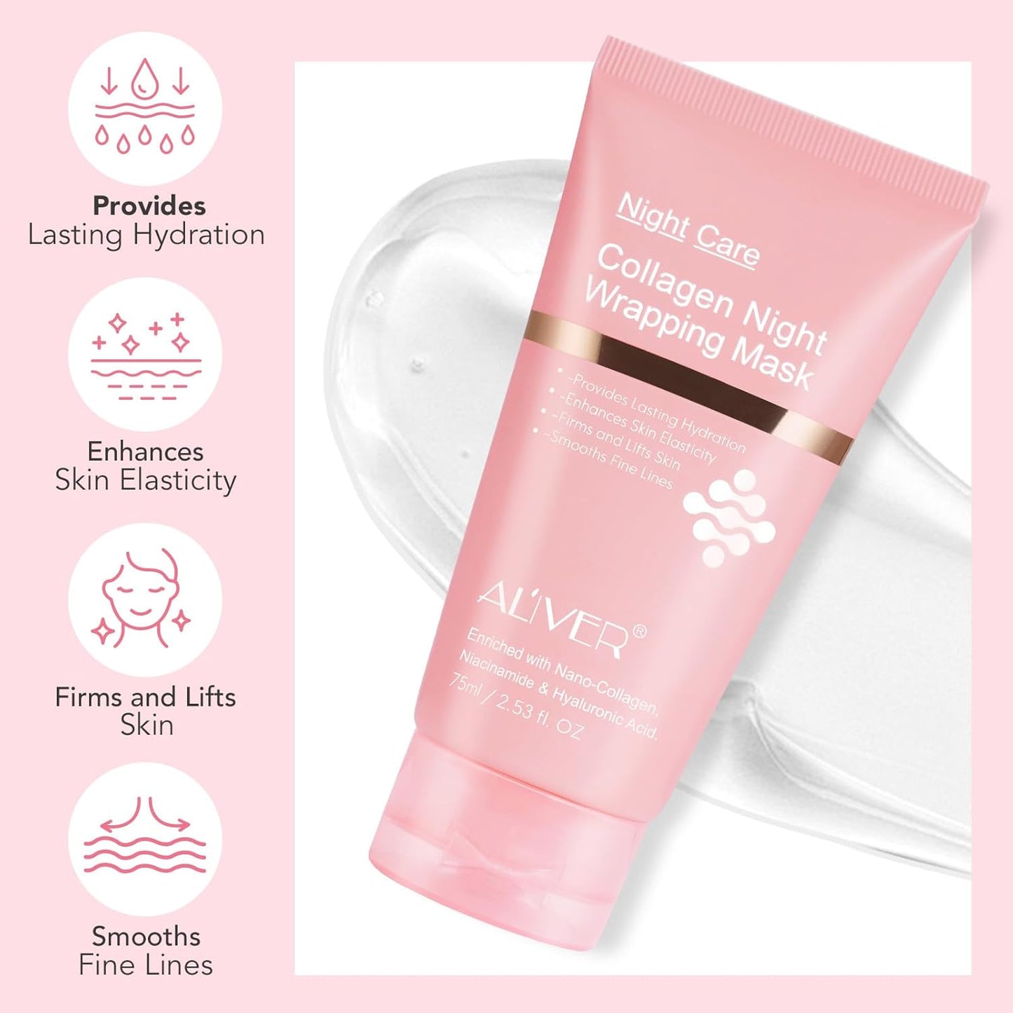 Collagen Overnight Wrapping Peel off Face Mask, Collagen Night Wrapping Mask, Elasticity & Hydration Care, Reduce Fine Lines & Dullness, Anti-aging Skin Care 2.53 fl.oz
