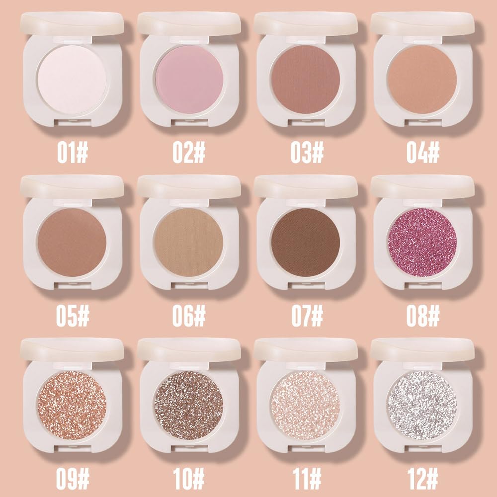 Glitter Shimmer Sparkle Eyeshadow Palette Makeup for Women, Glitter Nude Shimmer Metallic Holographic Multichrome Cream Iridescent Single Monochrome Eye Shadow Makeup, 10