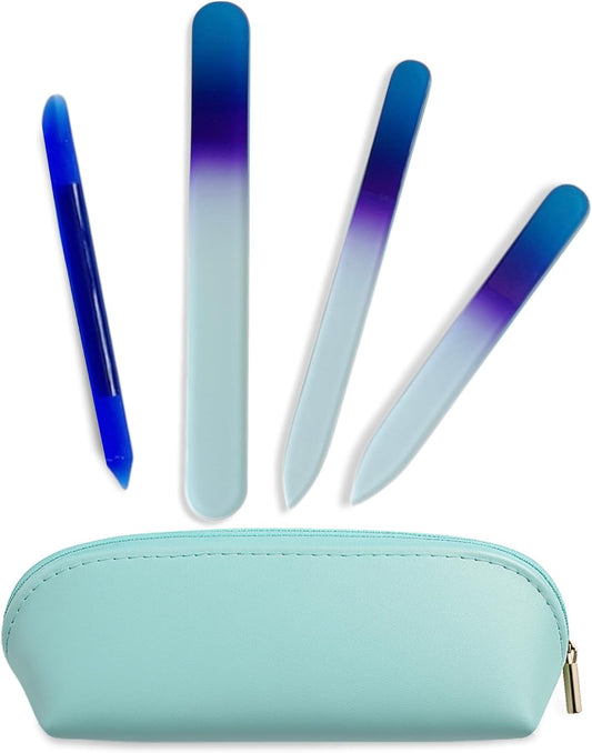 Alban Czech Glass Nail File Set with Manicure Stick & Vegan Leather Cosmetic Case (Royal Blue & Purple Nail Files, Royal Manicure Stick & Light Blue Cosmetic Case)
