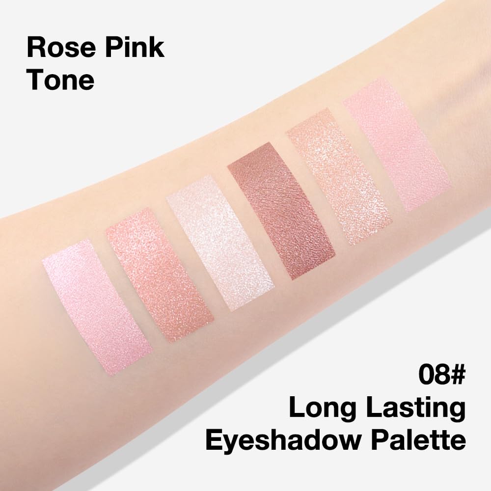 evpct 6 Colors Travel Eye Shadow Palette Makeup, Light Baby Pink Champagne Mink Mauve Pearl White Rose Shimmer Glitter Sparkly High Pigment Mini Eyeshadow Palette for Older Women, Built in Mirror
