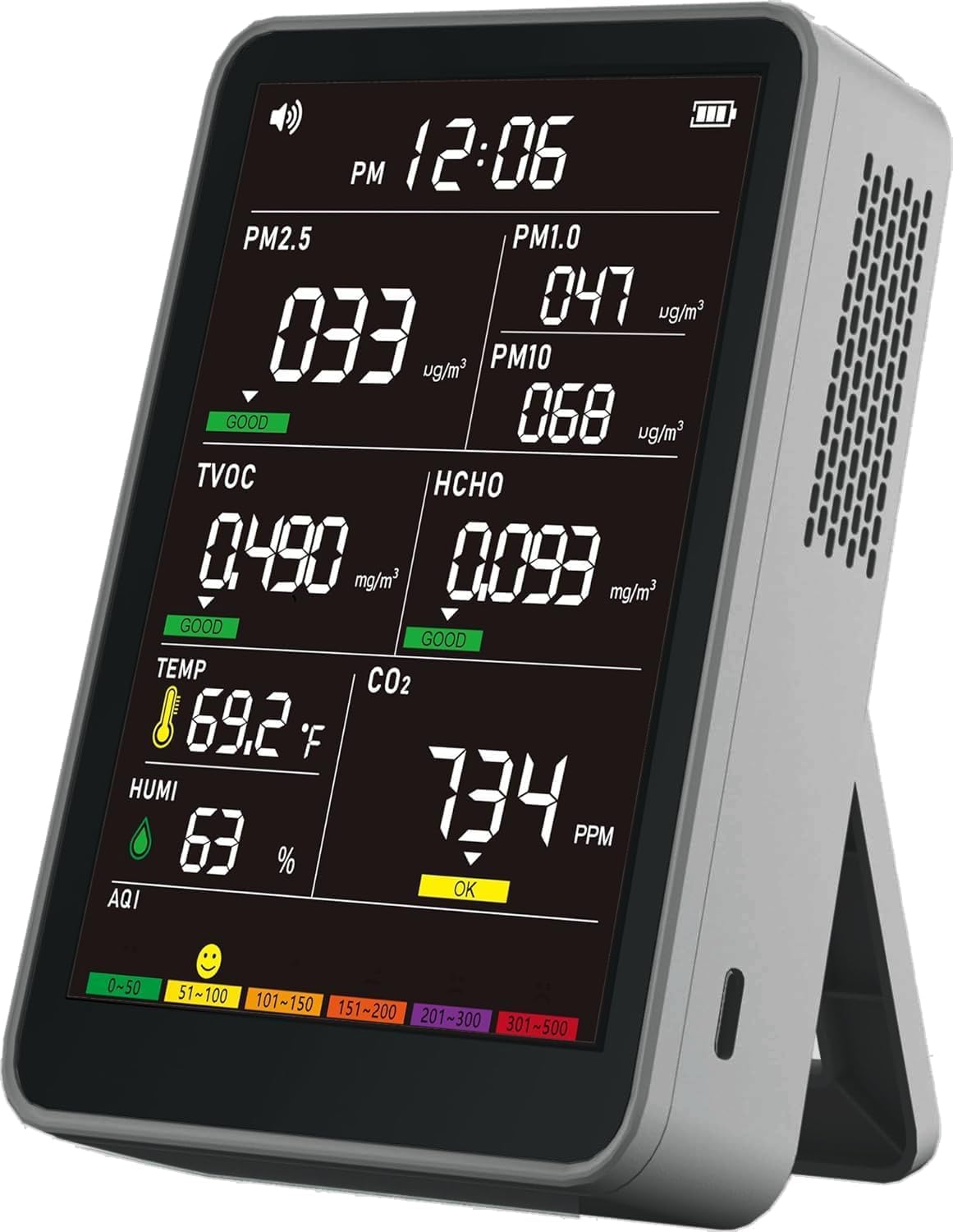 Professional Indoor Air Quality Monitor with AQI Alarms, Portable Real-Time Detector for Home Cars Plants and Pets (Cold Grey)