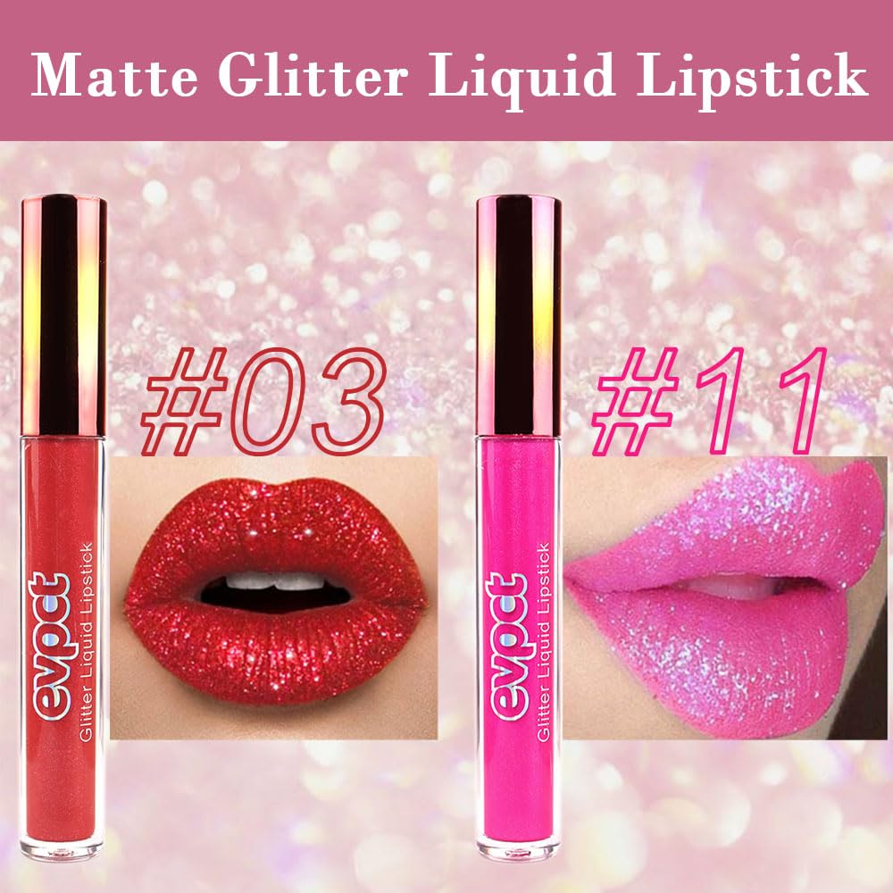 evpct 2Pcs Ruby Red Rose Pink Matte to Glitter Liquid Lipstick Set Kit for Women Long Lasting Glossy Metallic Shimmer Sparkle Lipstick Lip Gloss 3+11