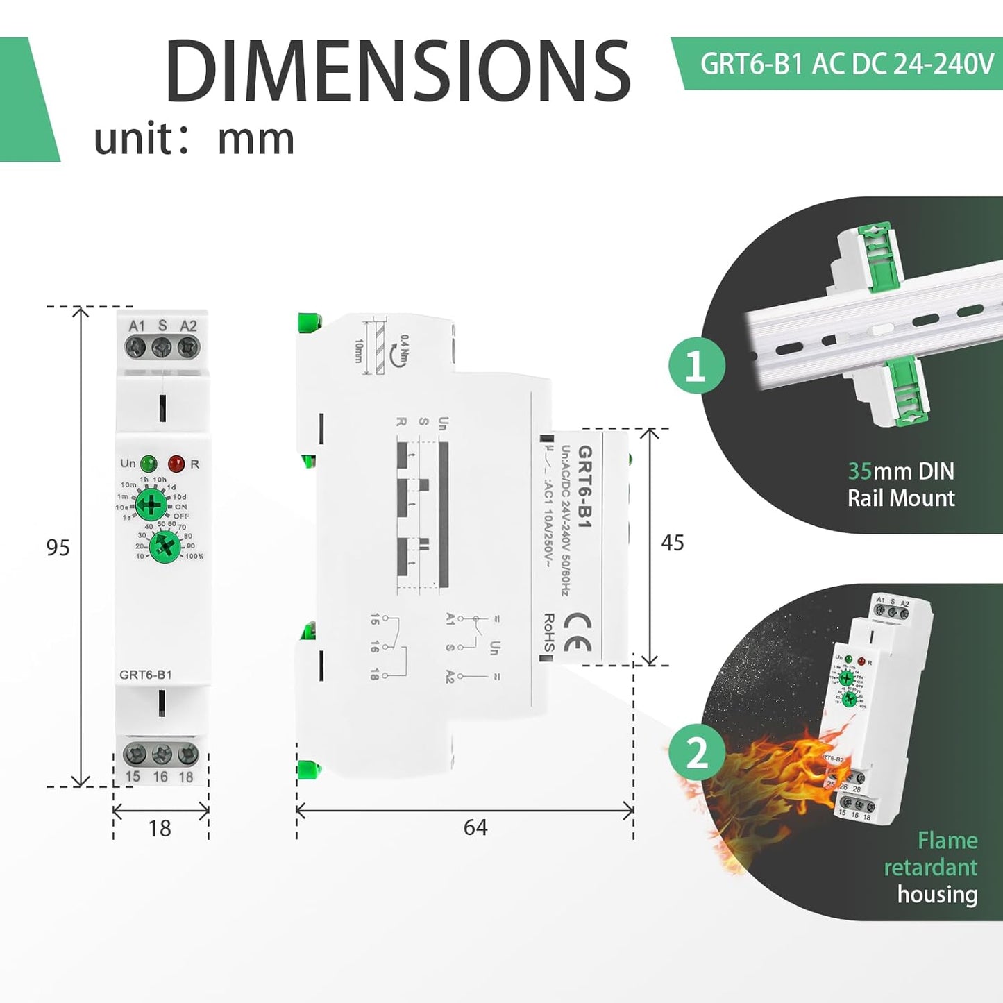 Delay Off Time Relay GRT6-B1 10A Adjustable Smart Relay, Delay Turn Off Electronic Timer in Din Rail, 0.1s-10 Days Wide Range Delay Factory Automation Time Universal Voltage AC DC 24V 240V