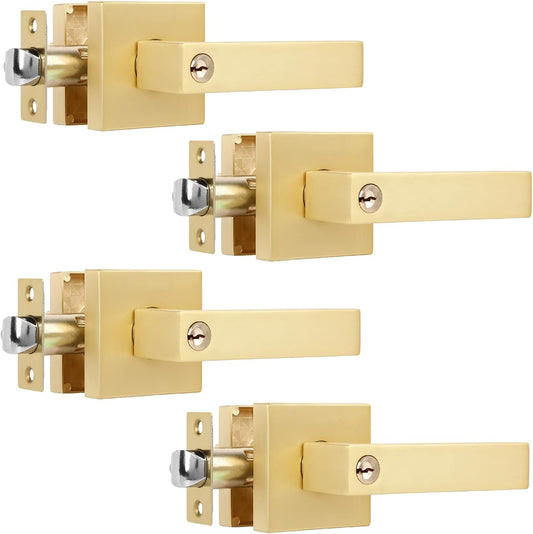 4 Pack Heavy Brass Door Knobs Square Gold Door Knobs Interior (Keyed Alike), Satin Brass Gold Door Knob with Lock and Keys for Interior/Exterior/Front Doors