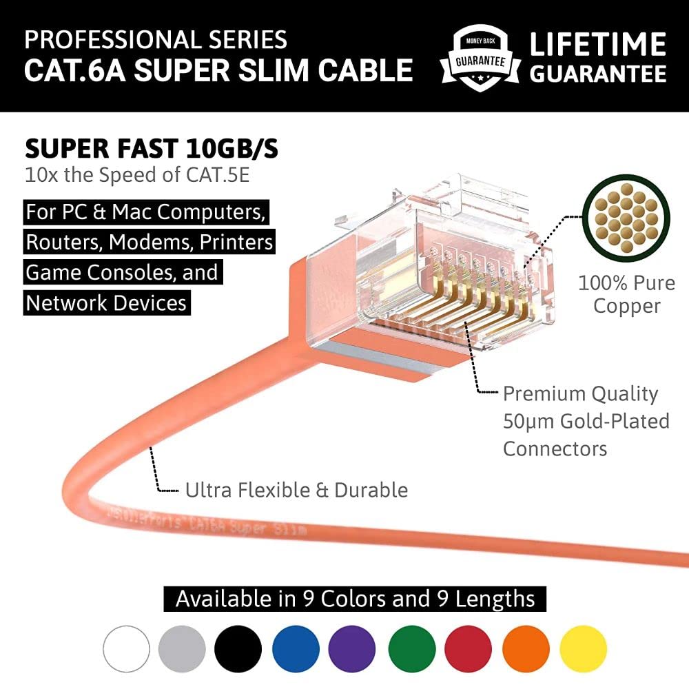 InstallerParts Ethernet Cable CAT6A Super Slim Cable UTP 3 FT (200 Pack) - Orange - Professional Series - 10Gigabit/Sec Network/High Speed Internet Cable, 550MHZ, 32AWG