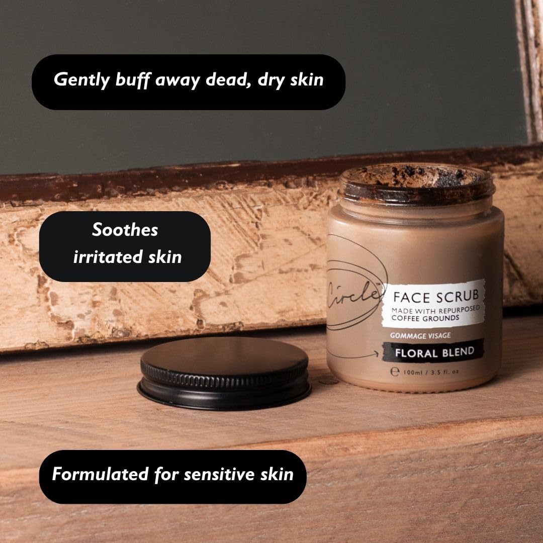 UpCircle Coffee Face Scrub - Floral Blend For Sensitive Skin 3.5oz - Chamomile, Shea Butter, Coconut + Rosehip Oil - Natural, Vegan Face Exfoliator For Soft, Smooth Skin