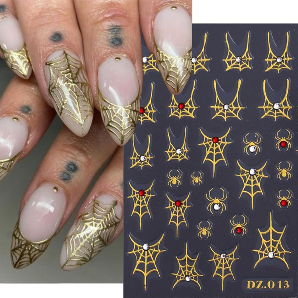 5Sheets 5D Embossed Nail Stickers, Halloween Spider Web with Rhinestone Design Self-Adhesive Nail Decals, White, Black, Rainbow, Gold, Laser Silver Nails Adhesive Sliders for Women Art Decorations