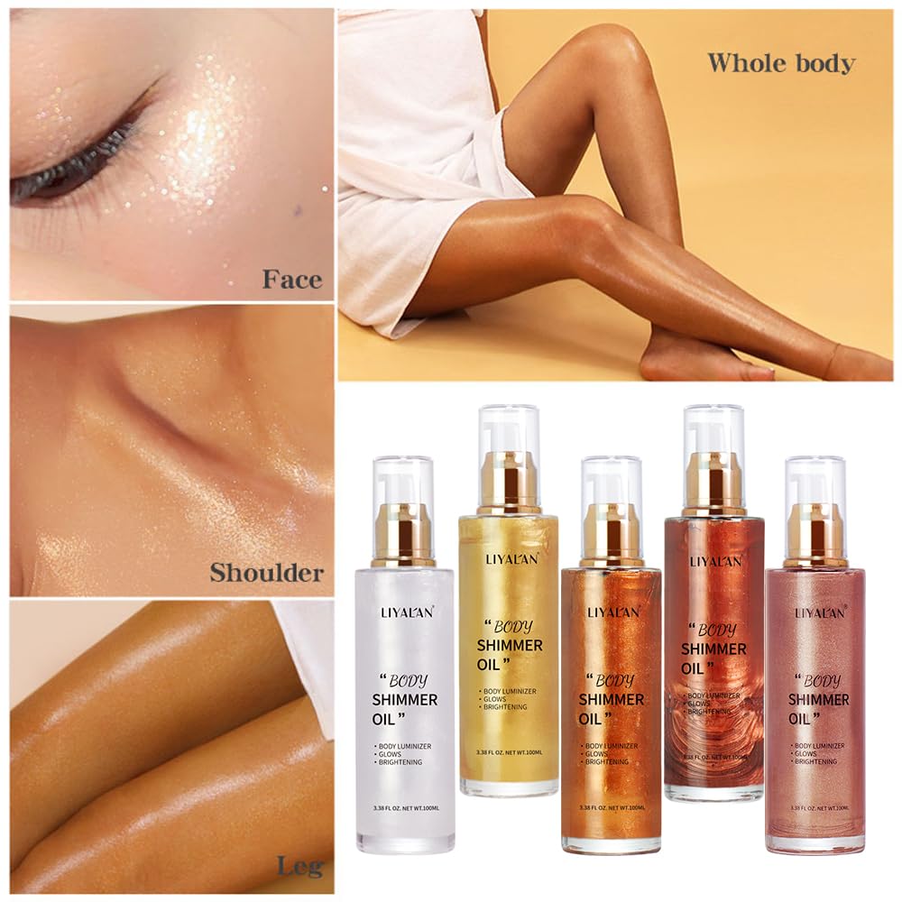 Liyalan Shimmer Body Oil Gold 5 Color Bronze Face Glow Pearl Highlighter Illuminator Body Makeup Shine Glitter Gold Liquid Taning(3.38 Fl Oz/#02)