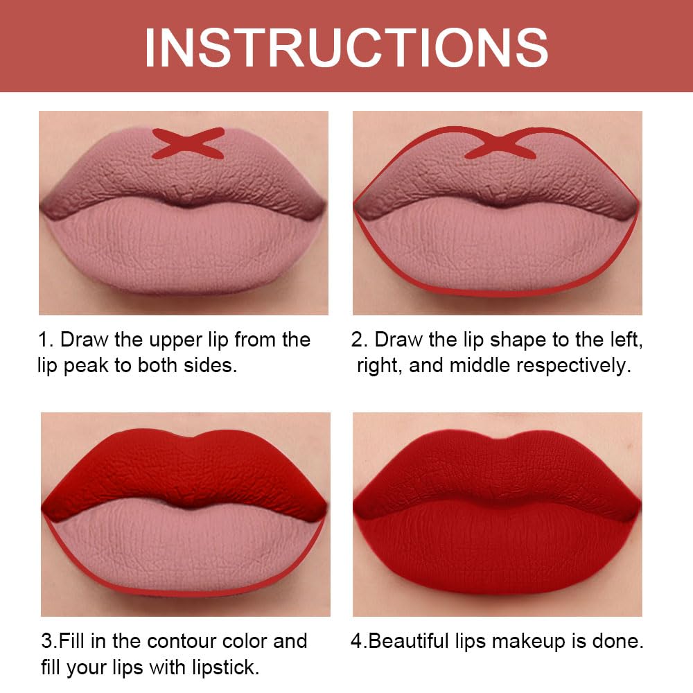 Kaely 2-in-1 Ruby Red Lip Liner & Lipstick Set Kit for Women, Matte Lips Kit with Lip Liner Lip Stains Long Lasting Waterproof 24 Hour Lipstick and Lip Liners Combo Lipliners Pencil Set 14