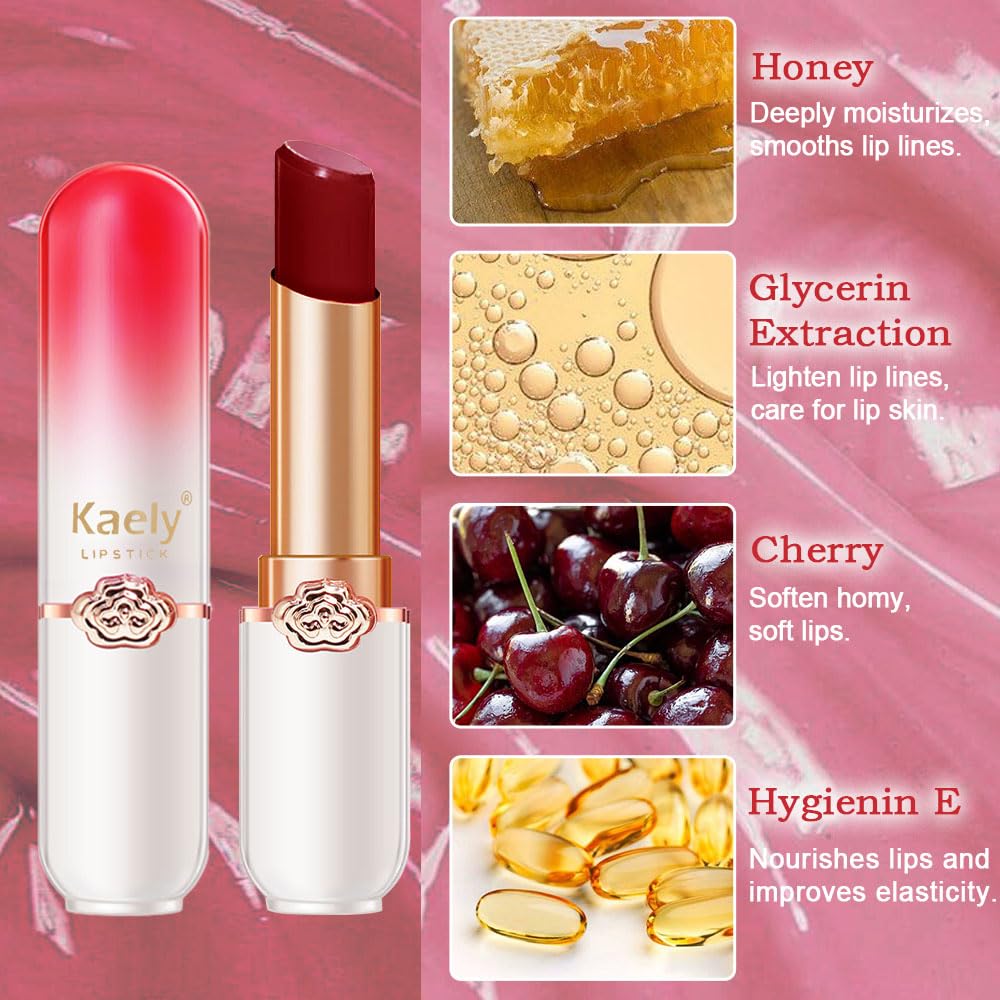 evpct 2Pcs Black Red Cherry Magic Mood Color Changing Lipstick Long Lasting 24 Hours Original for Women, PH Color Change Changing Jelly Lipstick Tinted Lip Balm Gloss Stain Makeup Set labiales magicos