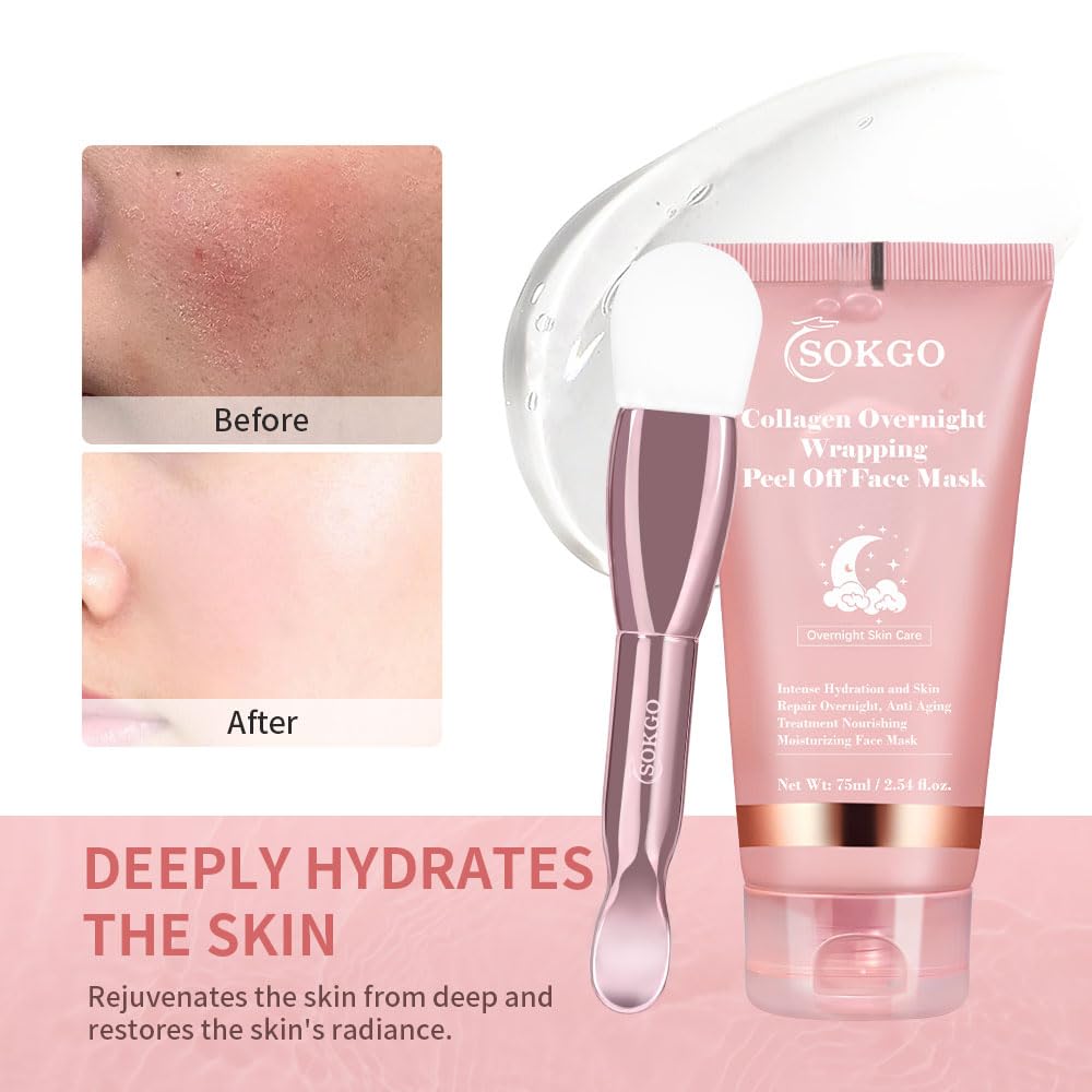 Collagen Overnight Wrapping Mask, Intensive Hydration Anti Aging Overnight Skin Treatment, Boosts Elasticity and Firmness, Revitalizes Dull Skin Reduces Fine Lines and Wrinkles (2PCS)