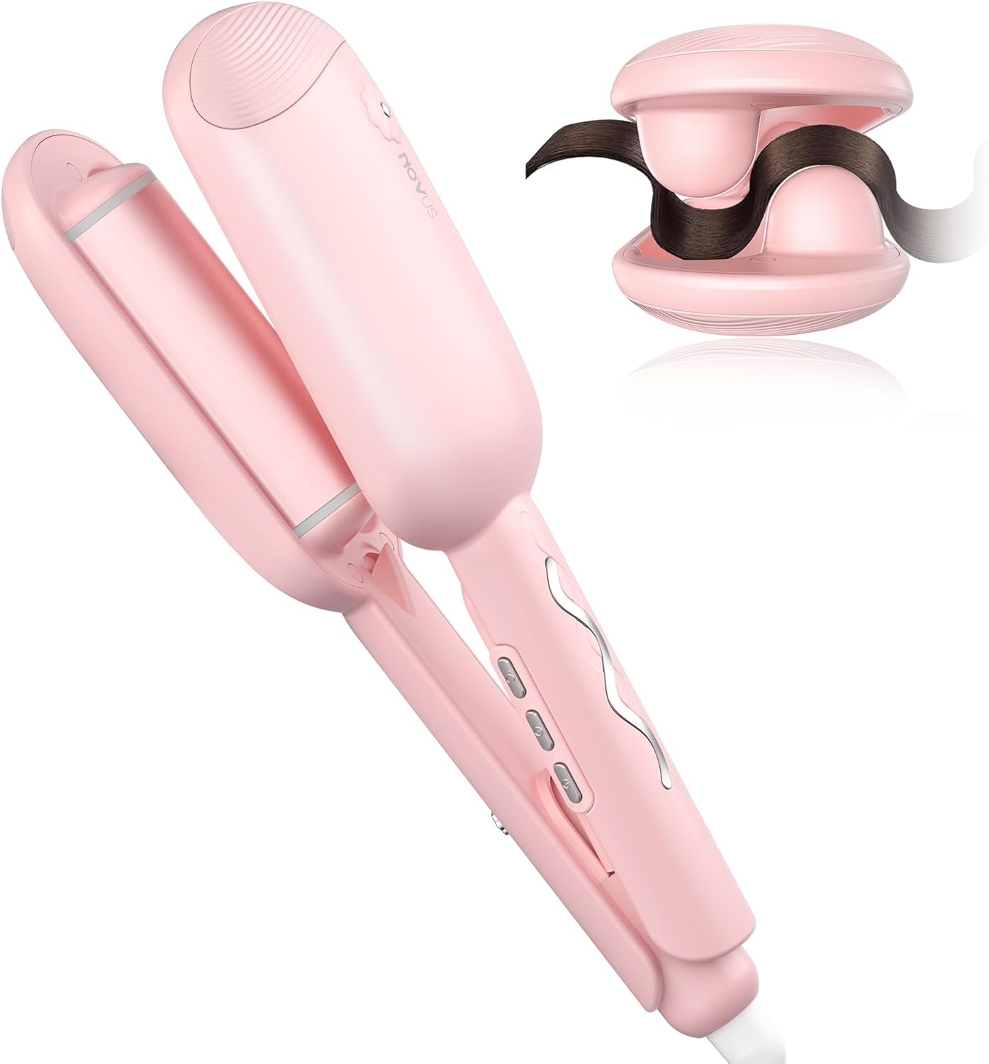 NOVUS Waver Curling Iron, Beach Waves Curling Wand, Ionic Hair Waver with Anti-Scald Hair Crimper, Easy to Use, 2 Barrel Hair Crimper for All Hair Types Women, Pink, 1.25 Inch