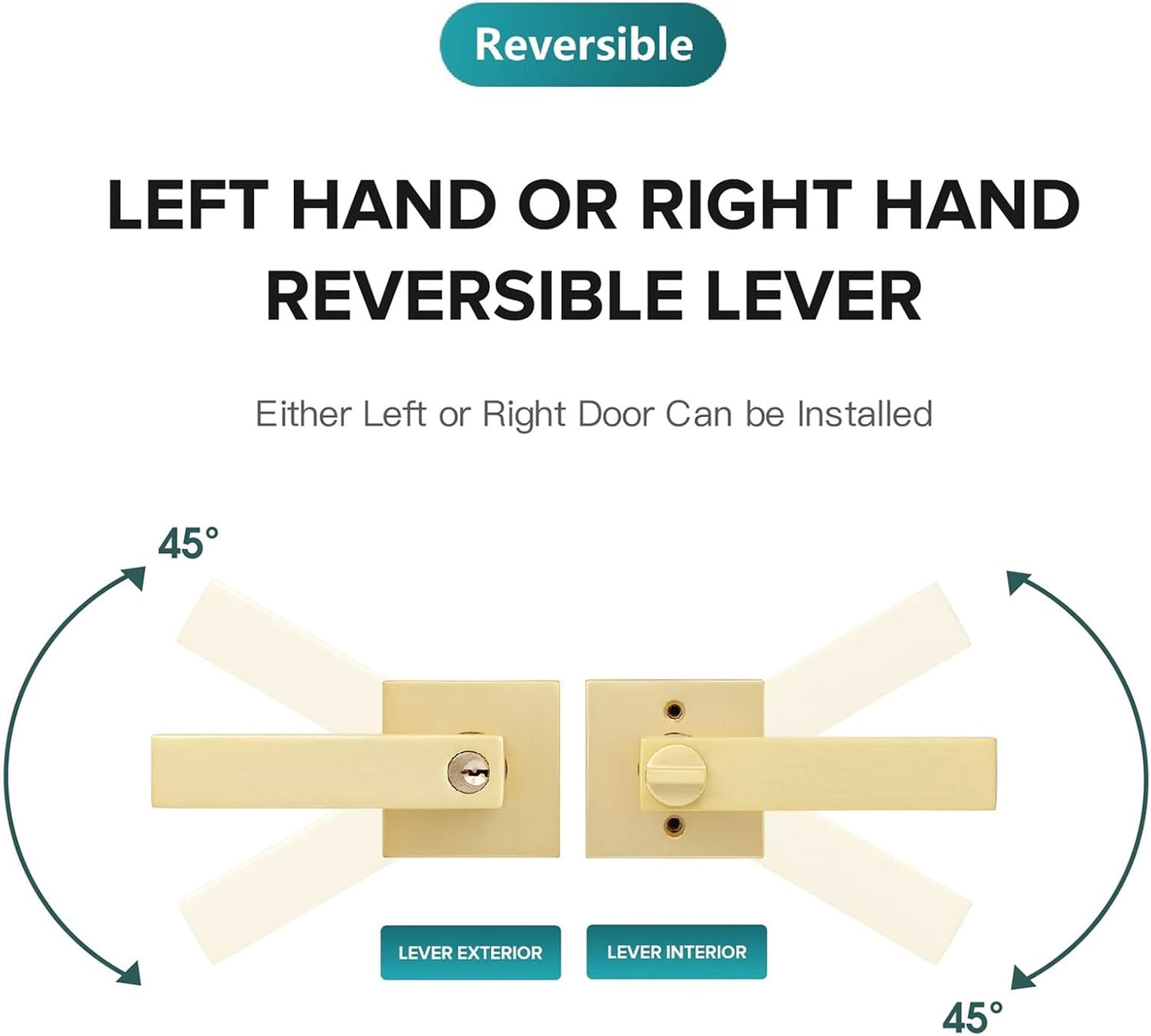 3 Pack Square Gold Door Handle with Key Heavy Door Knobs Interior(Keyed Alike), Satin Brass Gold Door Handles with Lock and Keys for Interior/Exterior/Front Doors