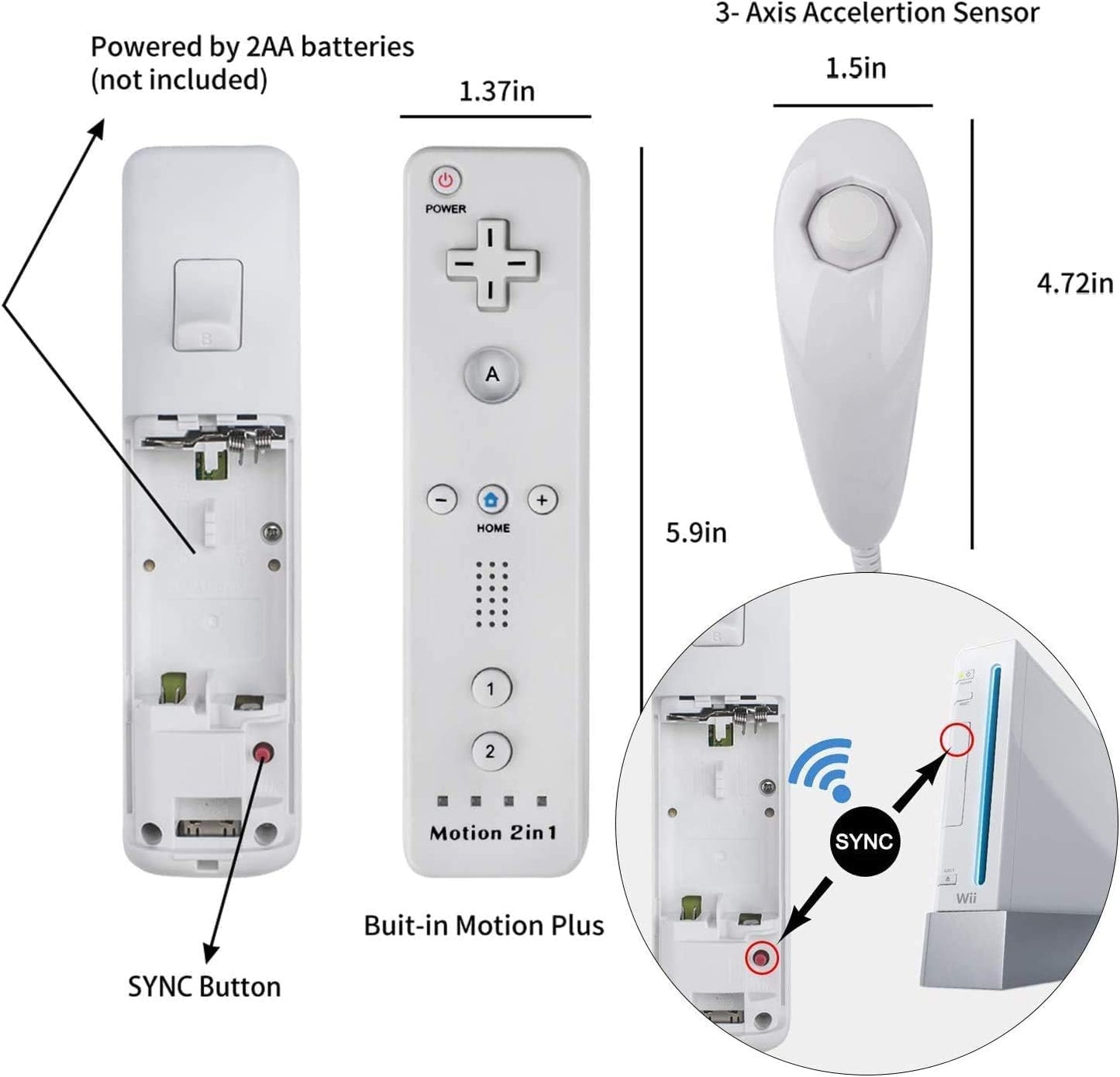 TechKen Motion Plus Wii Controllers 2Packs with Nunchucks, Wii Remote Controllers Compatible for wii and Wii U with Built in Motion Plus