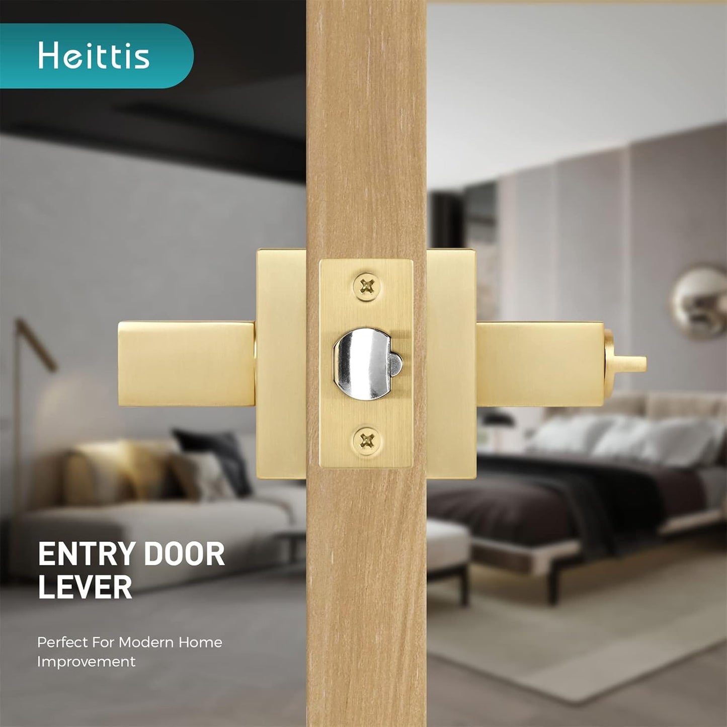 1 Pack Brushed Gold Door Knobs Heavy Square Gold Door Knob with Lock, Left/Right Hand Reversible, Door Lever for Front/Exterior, Gold Door Handles Interior