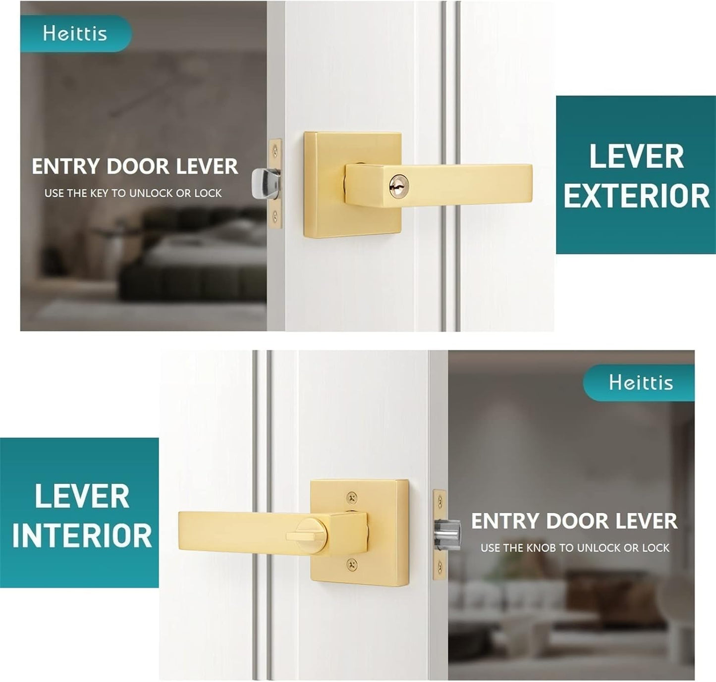 3 Pack Square Gold Door Handle with Key Heavy Door Knobs Interior(Keyed Alike), Satin Brass Gold Door Handles with Lock and Keys for Interior/Exterior/Front Doors