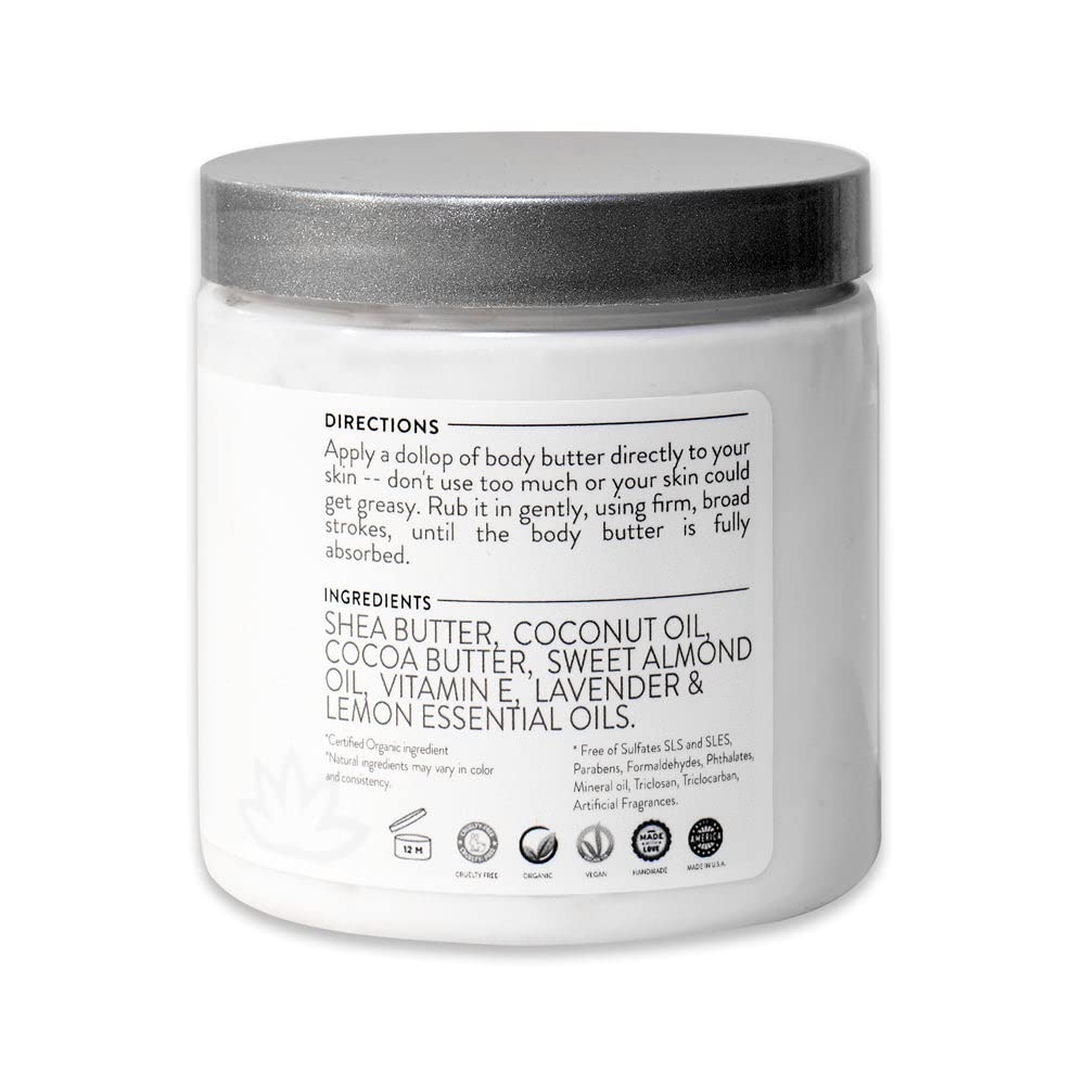 Glimmer Goddess Organic Whipped Body Butter for Women - Moisturizer Cream with Shea & Cocoa Butter, Almonds & Coconut Oil - Lemon Cream, 8oz
