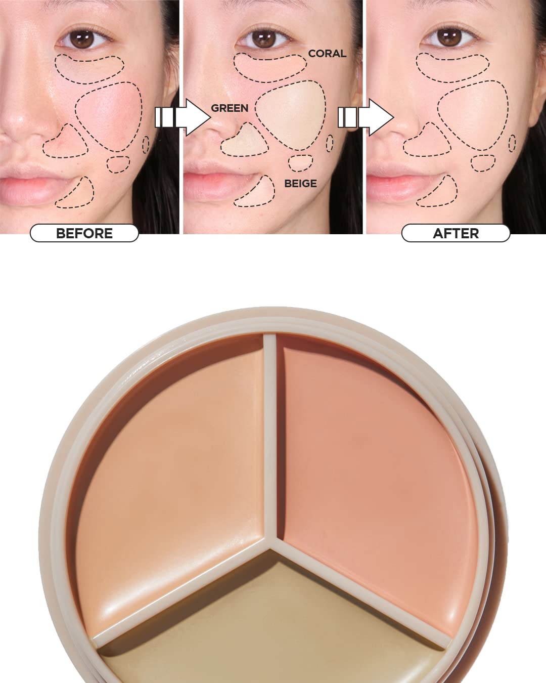 THESAEM Cover Perfection Triple Pot Concealer - 3 Color Concealer with Clear Beige, Green & Peach Shades - Full Coverage Concealer to Correct & Conceal Redness, Dark Circles, 01 Correct Beige