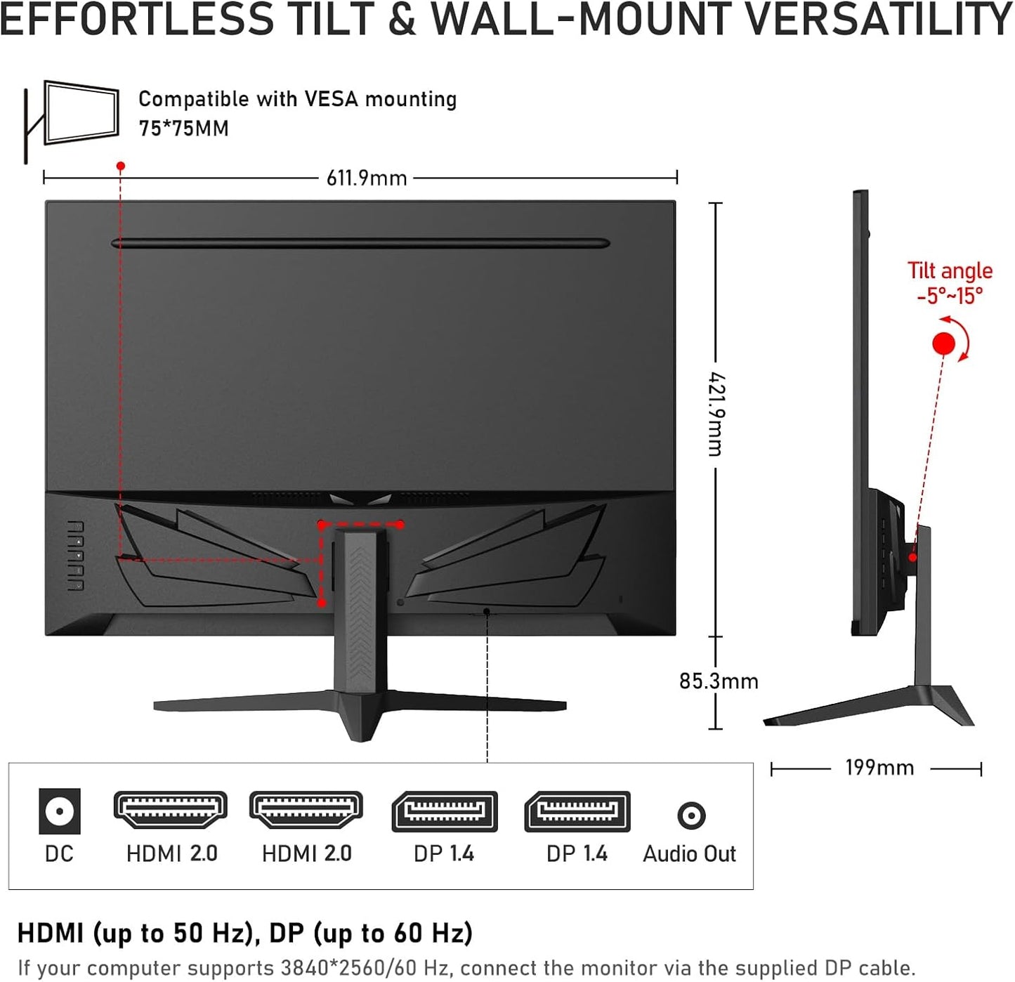 Gawfolk 28 Inch 4K Monitor IPS 60Hz, UHD (3840x2560p) PC Screen Built-in Speakers, Ultra HD Computer Dispaly for Home & Office, Support HDMI & DP, 3:2, 10Bit, 1.07 Billion Colours