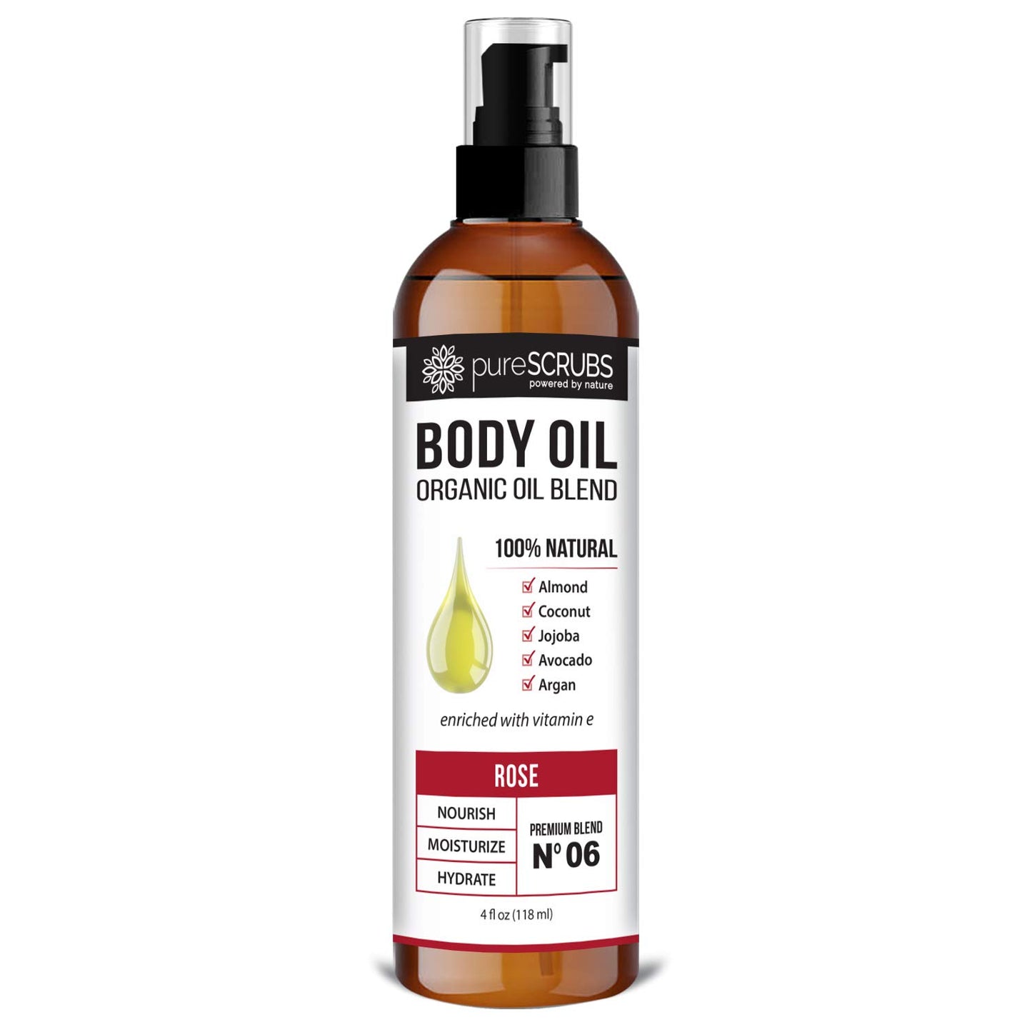 pureSCRUBS Ultra Moisturizing Rose Body Oil Spray for Dry Skin, Massage, Cuticles & More, Organic Super Blend of Jojoba, Argan, Coconut, Sweet Almond & Avocado Oils Enriched with Vitamin E, Lg 4oz