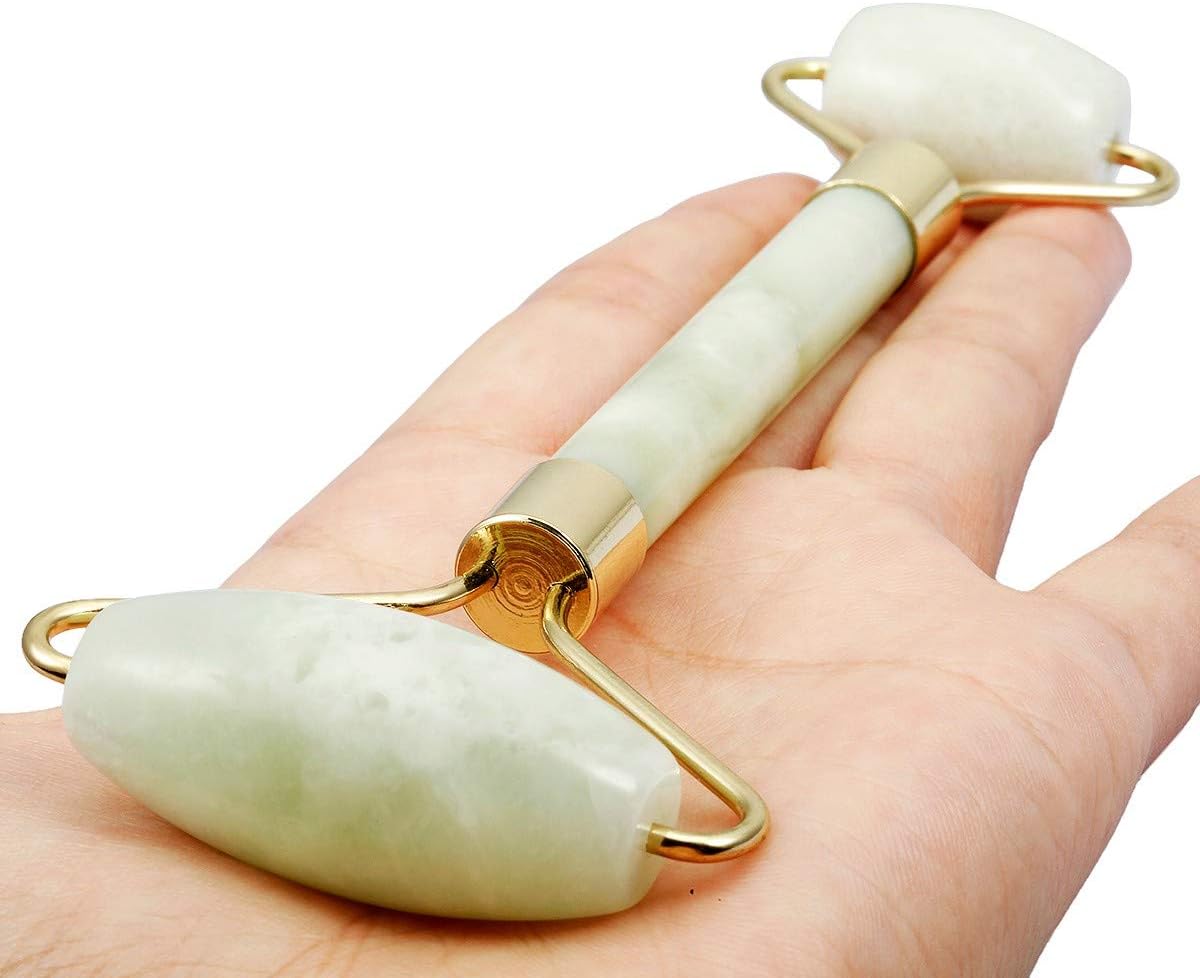 Rockcloud Natural Crystal Stone Roller Massager Double Neck Face & Neck Massage Therapy Anti-Aging Wrinkle Healing Slimming Skincare Tool, Xiuyan Jade