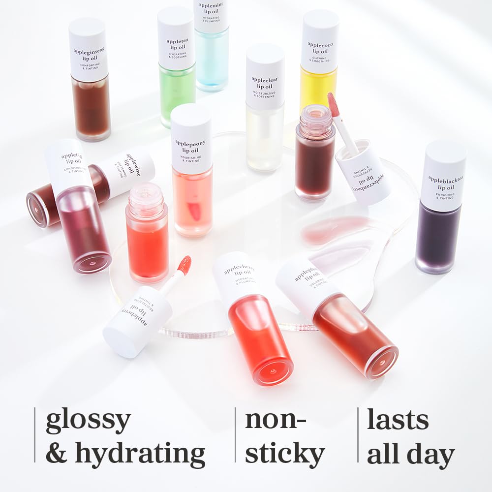 NOONI Korean Lip Oil - Appleblacktea | Long-Lasting, Moisturizing, Plumping, Revitalizing for Dry Lips, Waterproof, No Peel Off, Hydrating, Nourishing Crystal Clear, 0.12 FL Oz