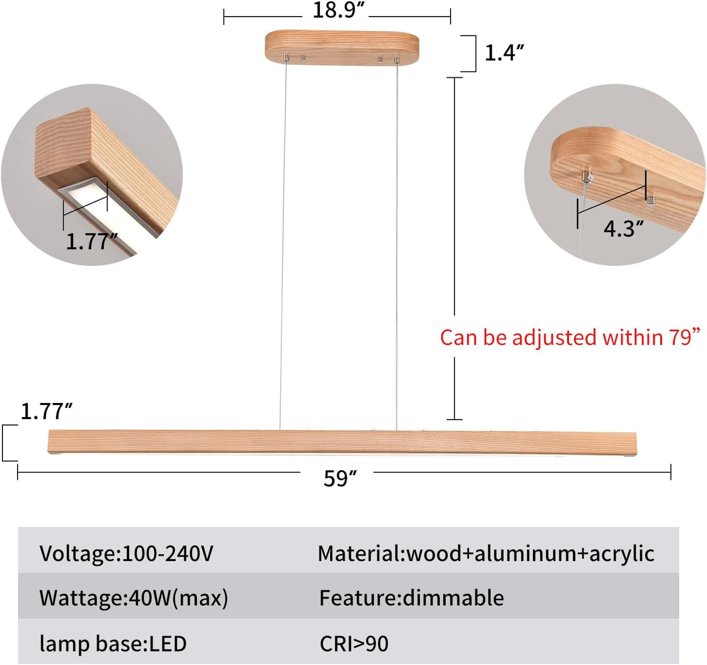 59" Wood Linear Pendant Light Fixtures Led Dining Room Chandelier Linear Kitchen Island Hanging Lights Dimmable Modern Pendant Light for Dining Room Kitchen Island Pool Table Lights Natural