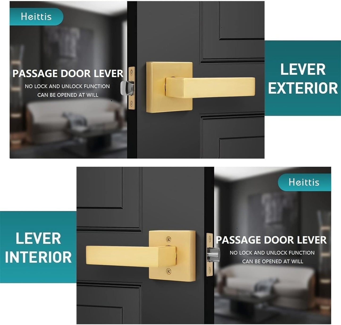 3 Pack Heavy Passage Door Handle Keyless Square Brushed Brass Closet Door Knobs with Modern Contemporary Design for Hallway or Closet