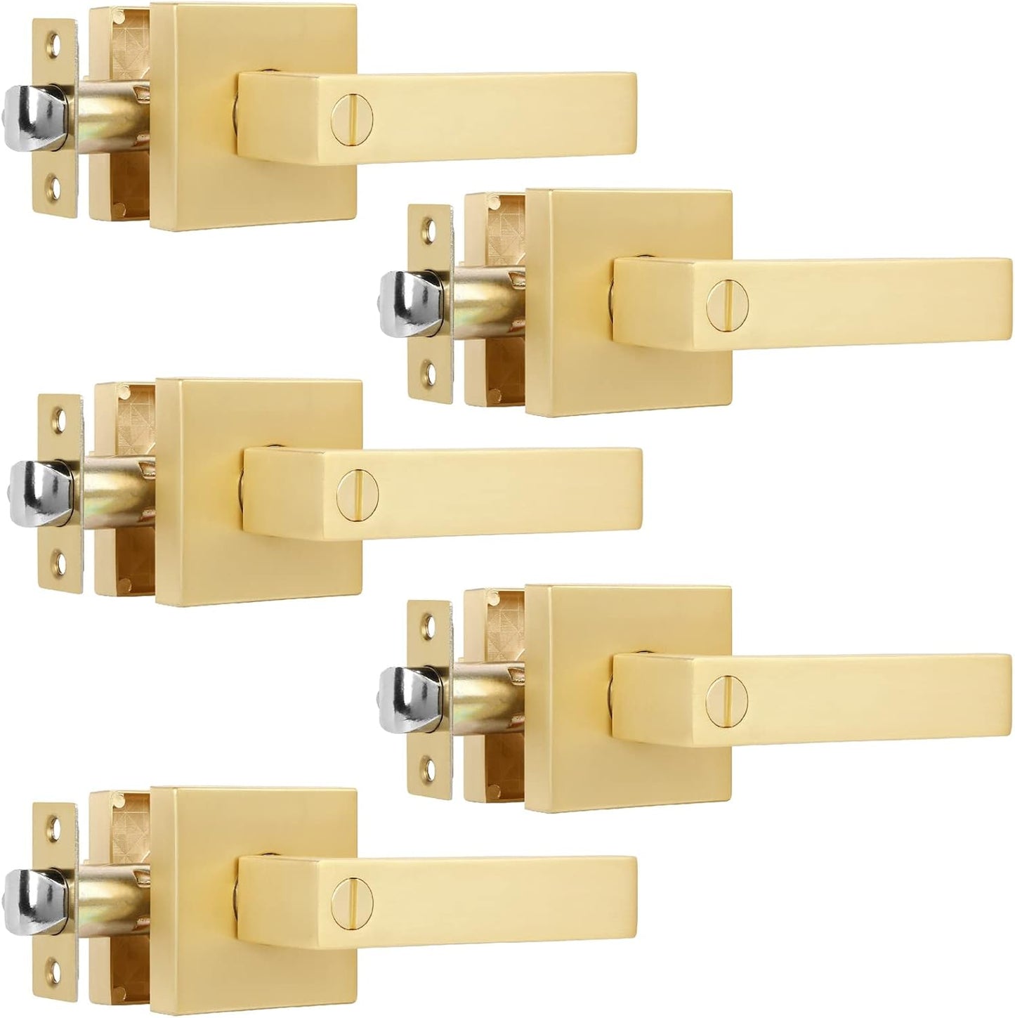 5 Pack Privacy Gold Door Knobs Square Heavy Door Levers for Bed/Bath Room Interior Door Lock Keyless Door Handle for Left and Right Reversible