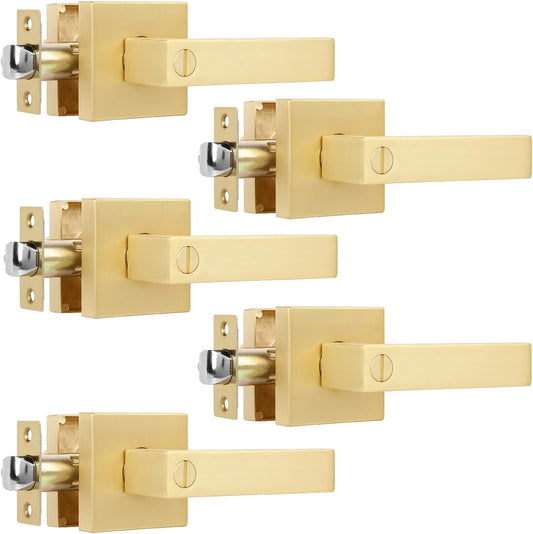 5 Pack Privacy Gold Door Knobs Square Heavy Door Levers for Bed/Bath Room Interior Door Lock Keyless Door Handle for Left and Right Reversible