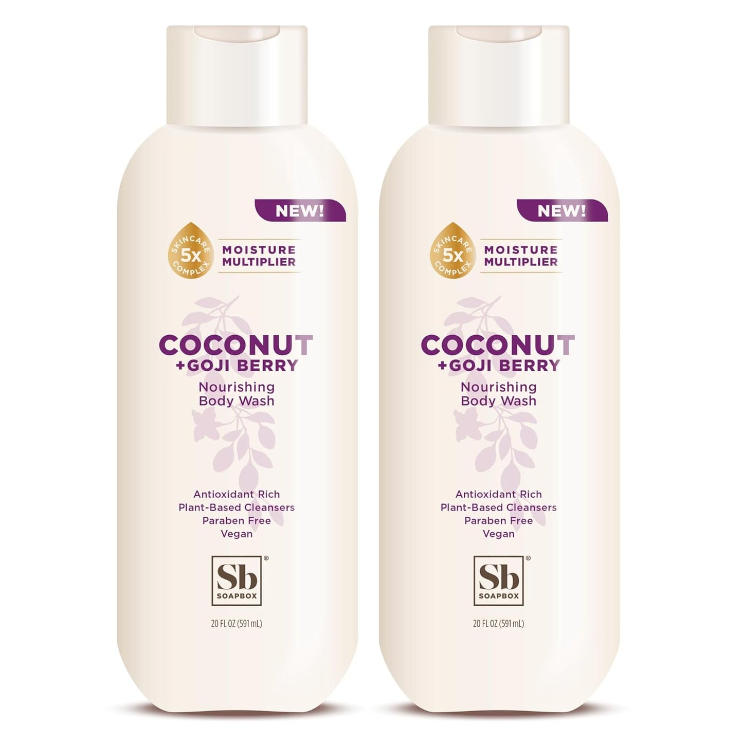 Soapbox Body Wash, Coconut & Goji Berry Liquid Body Wash, Moisturizing Soap with Shea Butter, Vegan Duo Pack of 2 Soap Bottles, 20oz Each