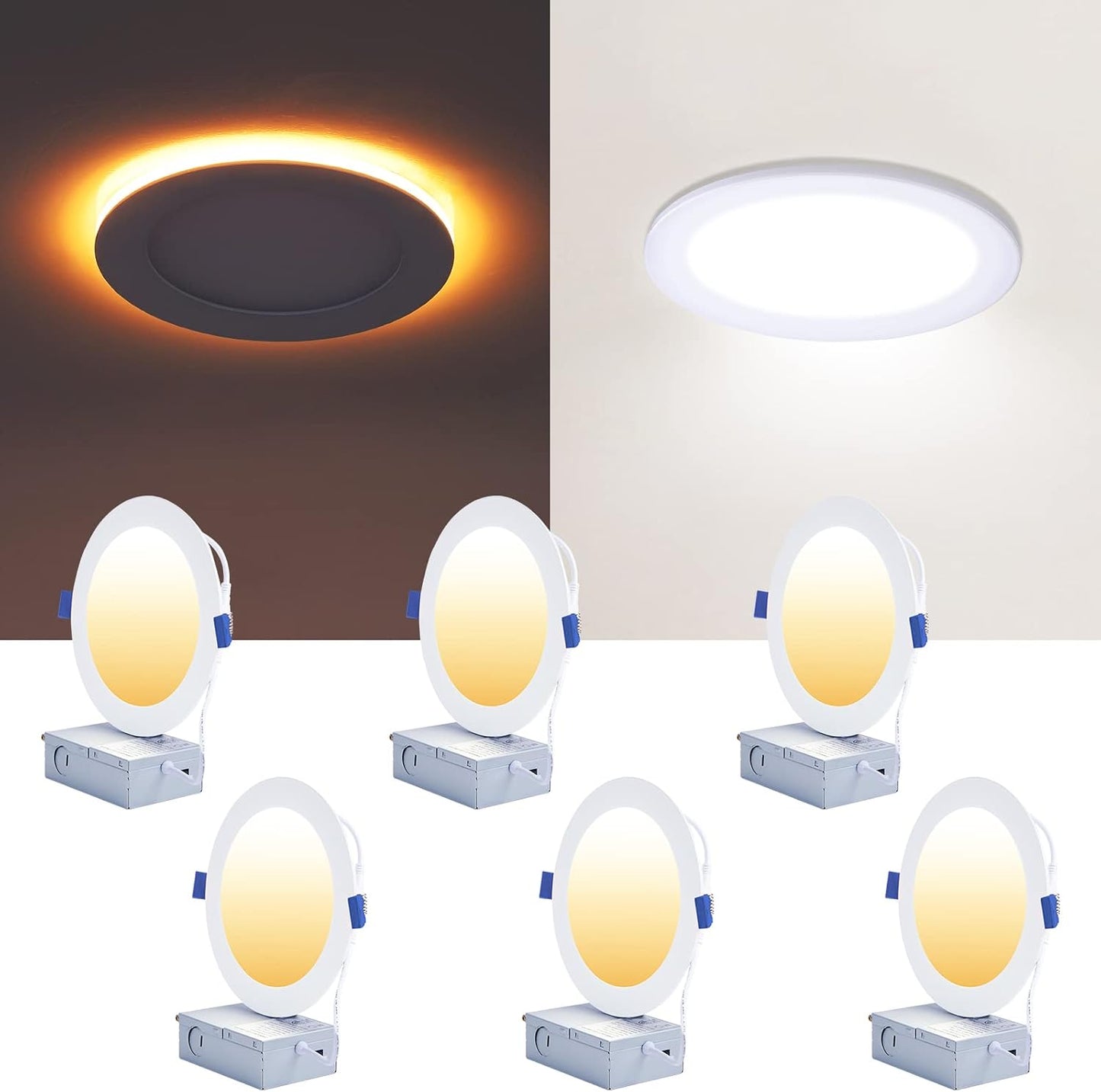 CycevSun 6 Pack LED Recessed Lighting 6 Inch with Night Light, Dimmable 5CCT Canless Ultra Thin Wafer Downlight Soffit with Junction Box, 5 Color Selectable, 12W, ETL & Energy Star
