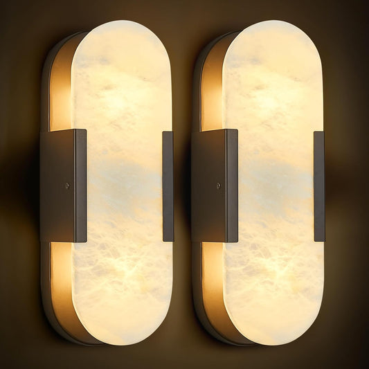 Alabaster Wall Sconces Set of Two, Modern Natural Marble Wall Sconces for Indoor Lighting, 13.8 in Black Wall Lights for Bathroom Dining Room Stairs Bedroom