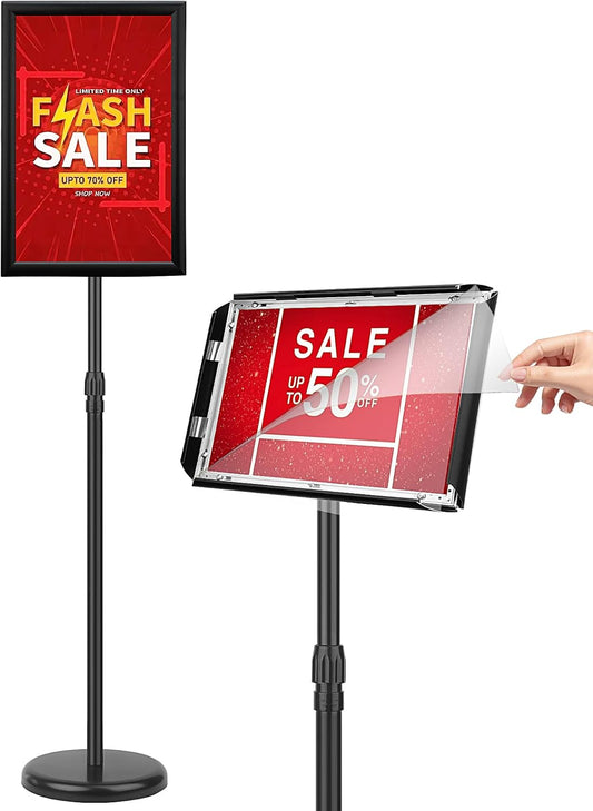 Adjustable Sign Holder Stand 11x17 inch,Pedestal Floor Signage Standing Holder with Heavy Duty Base, Aluminum Snap Open Frame Display for Business Restaurant, Mall,Schools-1 Pack