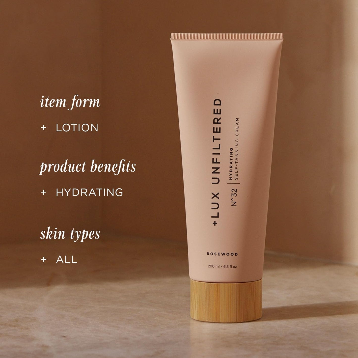 + Lux Unfiltered N°32 Gradual Self Tanner, Hydrating Self Tanning Lotion with Shea Butter & Squalane - Non-Sticky, No Transfer, Natural-Looking Tan - Vegan & Cruelty-Free Sunless Tanner - Rosewood