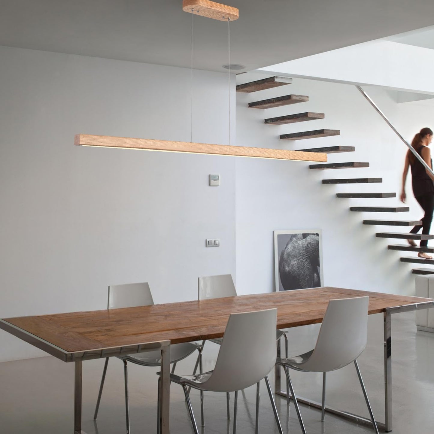 71" 40W Wood Linear Pendant Light Fixture Led Dining Room Light Dimmable Hanging Light Fixture for Kitchen Island Dining Room Pool Table Lights Natural