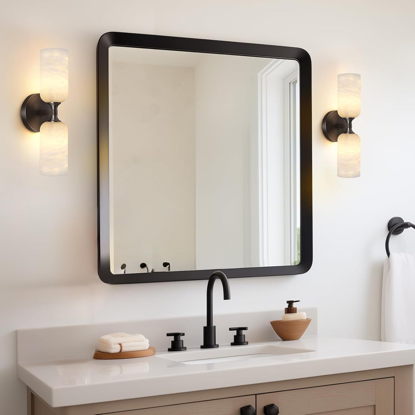 Alabaster Wall Sconce 14in Antique Brass Sconces Wall Lighting, Imported Alabaster Modern Marble Bathroom Vanity Sconces, Black Sconce Wall Decor, For Bedroom Living Room Staircases Hallway Foyer