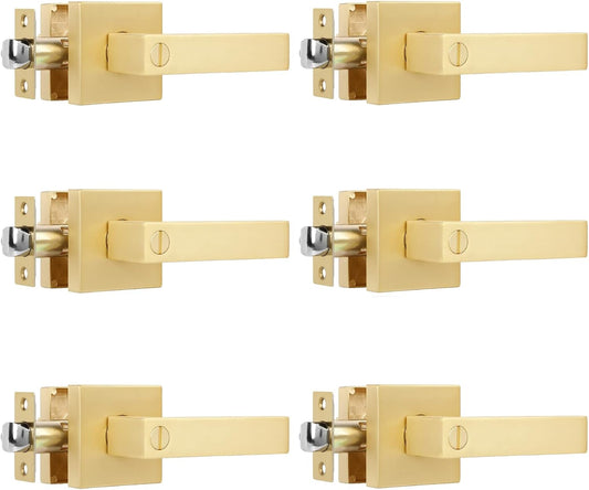 6 Pack Privacy Heavy Door Handle Lever with Stain Brass Finish Modern Design Door Lock for Bedroom or Bathroom, Door Hardware Reversible for Left and Right Handed